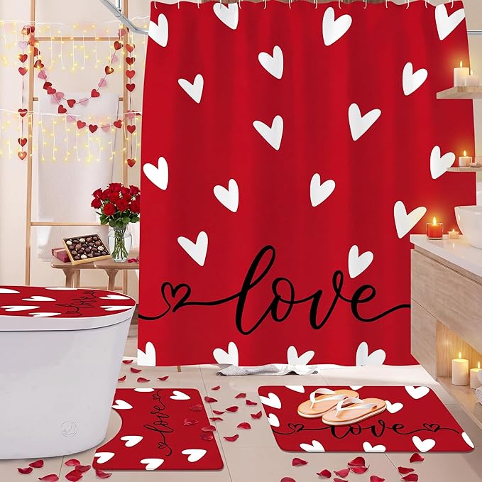 FUTBU Valentines Day Shower Curtain Set for Bathroom, Red Love Heart Shape Red Bathroom Supplies for Valentines Accessories Decor Set, Non Slip Rugs Toilet Lid Cover U Shape Bath Mat and 12 Hooks