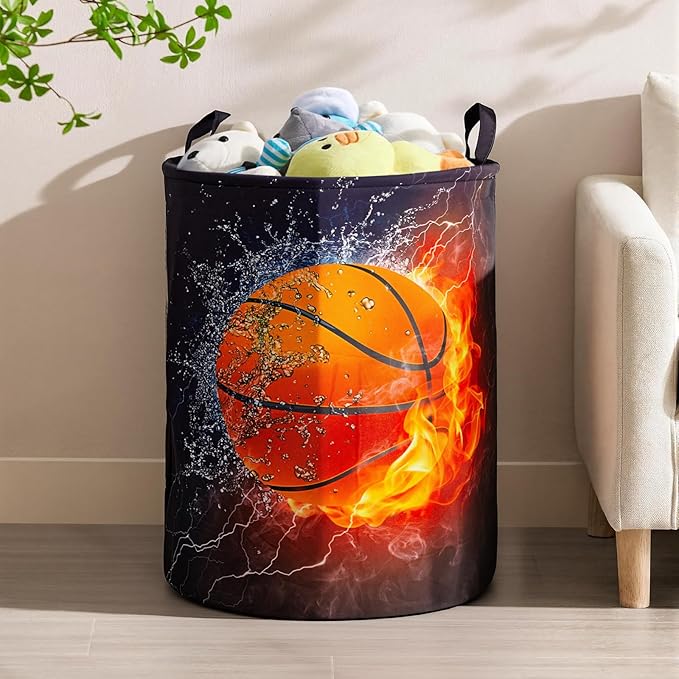 2Pcs Basketball Cute Kids Laundry Basket Baby Nursery Hamper Boys Room Decor Foldable Oxford Cloth Funny Tote Clothes Storage Bucket Organizer For Bedroom (Basketball)