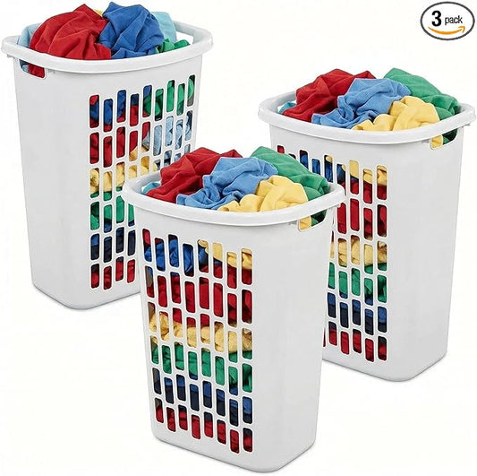 3-Pack Tall & Slim Open Heavy-Duty Plastic Laundry Hamper with Reinforced Handles for Easy Clothes Transport, 1.8 Bushels Capacity, Suitable for Bedroom Closets, Dorm, Laundry Room, Bathroom, White