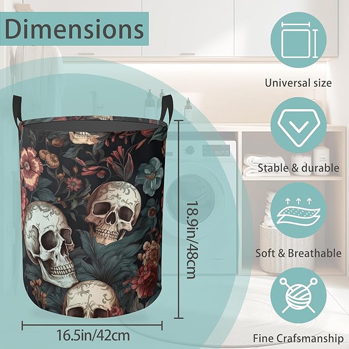 Laundry Hamper Foldable Oxford Cloth Retro Skull Flower Laundry Basket With Handle Portable Clothes Storage Organizer Basket Storage Bag For Laundry Room/Bedroom/Bathroom