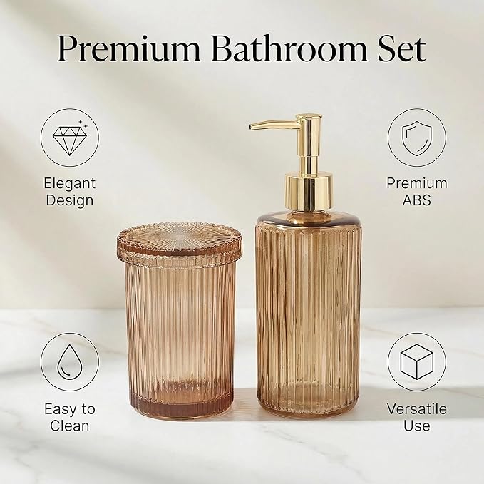 New Hensoar 3 Pcs Brown Bathroom Accessories Set, Glass Bathroom Set Include Soap Dispenser, Toothbrush Holder, Jewelry Tray for Modern Bathroom Decor, Housewarming Gift Set