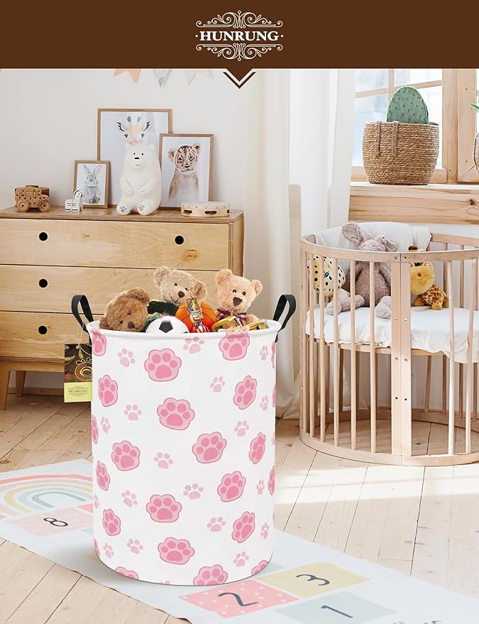 HUNRUNG Laundry Hamper,Large Canvas Fabric Lightweight Storage Basket Toy Organizer Dirty Clothes Collapsible Waterproof for College Dorms???Round-Pink Paw???