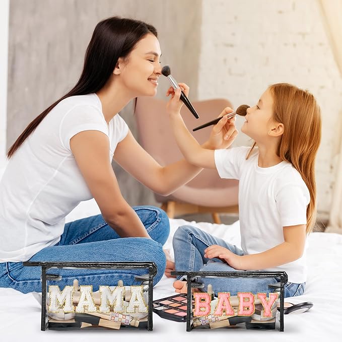 CY2SIDE MAMA Baby Bag Set - 2PCS Clear MAMA Letter Patch Makeup Bag with Handle for Travel Cosmetic Pouch for Toiletries Waterproof Travel Organizer Baby Reveal Gift Mothers Day Gift Black