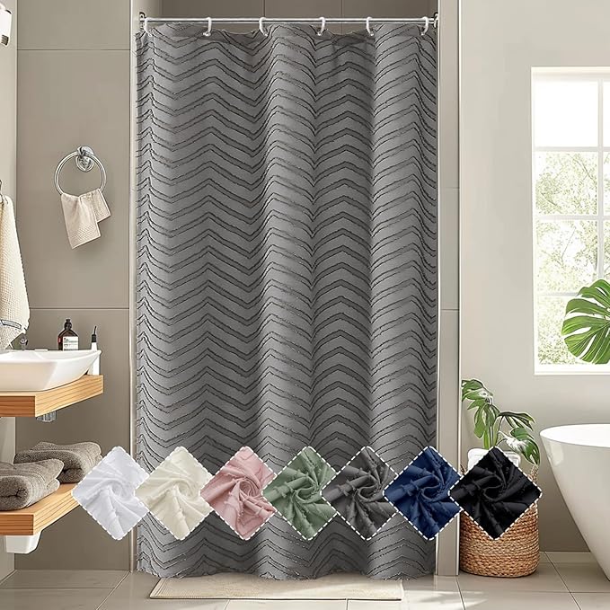 OVZME Grey Small Stall Shower Curtain for Bathroom, Soft Fabric Tufted Chevron Striped Texture Cloth, Farmhouse Protect Privacy Boho Bathroom Shower Curtain, 36Wx72L Inches