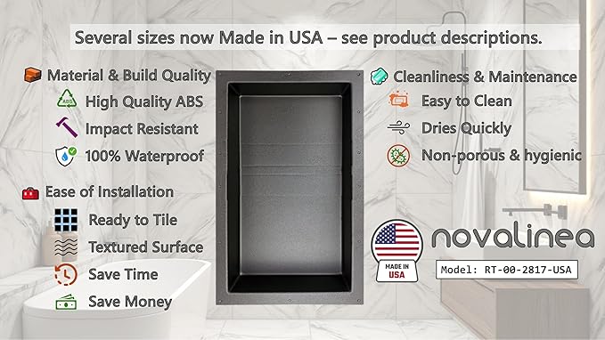Ready-to-Tile Rectangular Shower Niche – 28" x 17" Single Shelf – Made in USA – Recessed Wall Insert