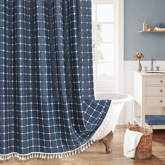 MitoVilla 72 x 84 Navy Blue Boho Extra Long Shower Curtain, Farmhouse 84 inch XL Polyester Linen Texture Tassel Fabric Shower Curtain Set with Hooks for Cottagecore Country Bathroom Decor