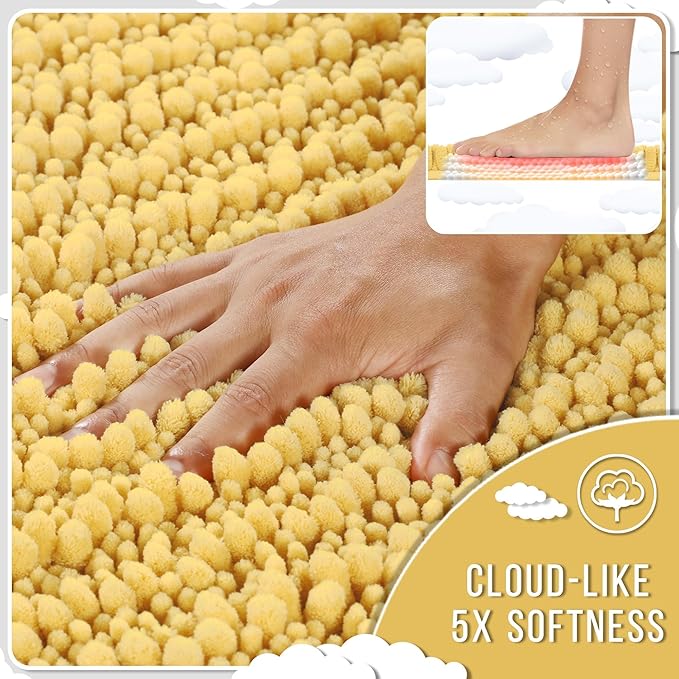 Yimobra Long Bathroom Rugs Non Slip Washable 44x24 Inch - Ultra Soft Absorbent Chenille Bath Mat, Quick Dry Shaggy Floor Carpet for Tub Shower, Yellow Home Decor Accessories