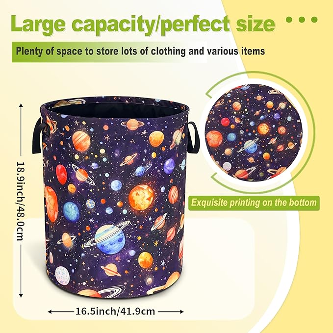 Planet Laundry Basket Funny Space Galaxy Foldable Waterproof Oxford Cloth Tote Bag Laundry Hamper Round Large Clothes Storage Bucket Toy Organizer For Bathroom/Laundry Storage/Bedroom 18.9x16.5 Inch