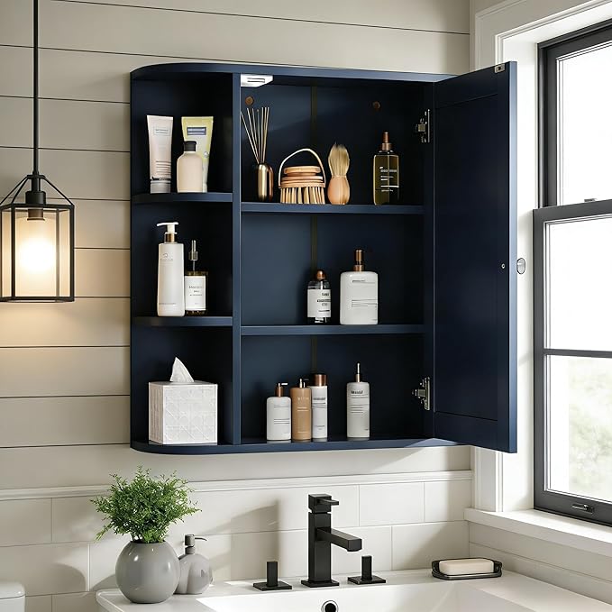 Merax Bathroom Wall Storage Cabinet with Mirror, 26 Inch Medicine Cabinet with Mirror Doors & Adjustable Wood Shelf, Space-Saving Modern Mounted Storage Cabinets with 6 Open Shelves, Blue