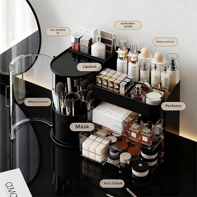 Makeup Organizer with Rotating,Large Bathroom Countertop Cosmetic Organizer with Brushes Holder,Skincare Storage Organizer,Ideal makeup holder for Skincare,Lipstick,etc (Light Luxury Black)