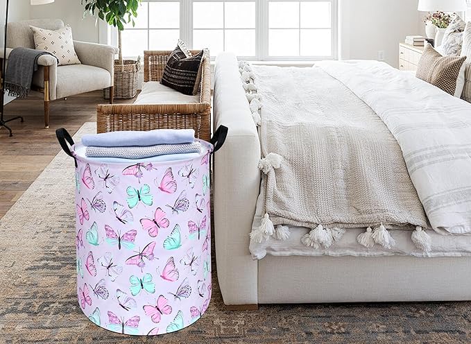 KUNRO Round Laundry Gift Basket Storage Hamper, Clothes Storage Organizer Bins, Shelf Basket with Handles for Room Decor (Purple Butterfly)