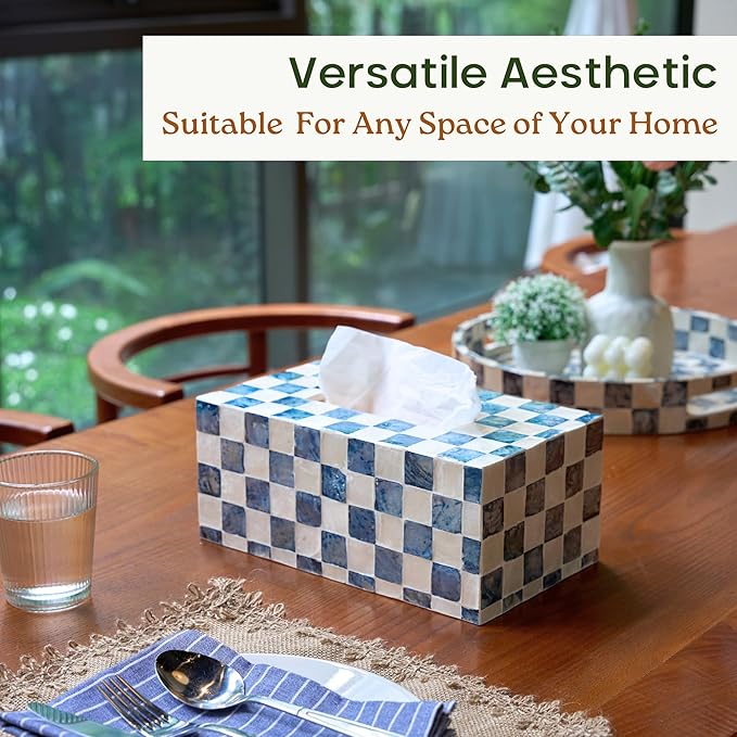 CHI AN HOME Rectangle Checkered Tissue Box Cover Handmade with Capiz Shells, Decorative Tissue Box Holder for Living Room, Bathroom or Kitchen Counter (Navy Blue)