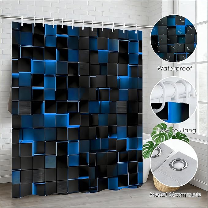 3D Cubes Shower Curtain，Blue Black Shower Curtains for Bathroom，Modern Bathroom Shower Curtain，Washable Fabric Bath Curtain 72''x72''