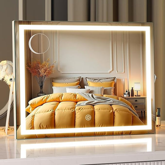 MINISO Vanity Mirror with Lights, 17.7" x 13.8" LED Makeup Mirror, Light & Brightness Adjustment, Smart Sensor, Aluminum Alloy Metal White Frame, with 5X Magnifying Glass