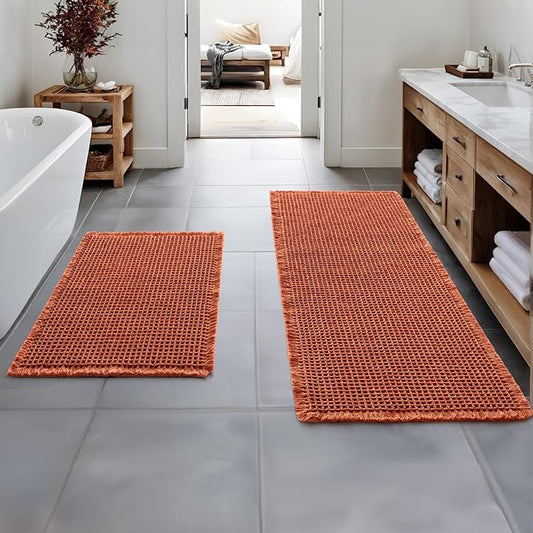 MIULEE Orange Set of 2 Waffle Bathroom Rugs, Boho Bath Rugs Non Slip Washable, Super Absorbent Bath Mats, Ultra Soft Rubber Backed Shower Mats for Bathroom Floor, Tub, 17"x24"+17"x48"