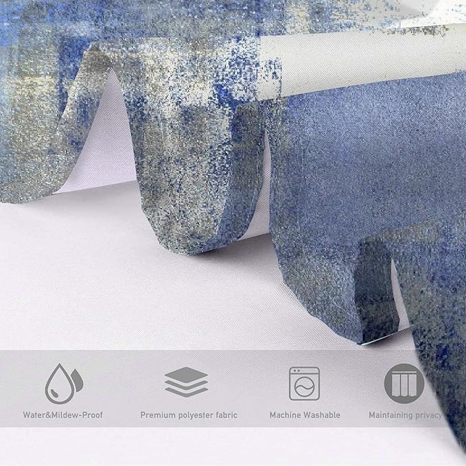 Lnond 4Pcs Grey Bathroom Shower Curtain Sets with Rugs, Blue and Grey Abstract Painting Gray Retro Bathroom Sets with Shower Curtain and Rugs and Accessories