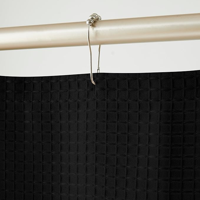 Luxury Waffle Weave Shower Curtain Elegant Hotel Style Fabric for Bathroom, Water Repellent, Machine Washable Black Waffle