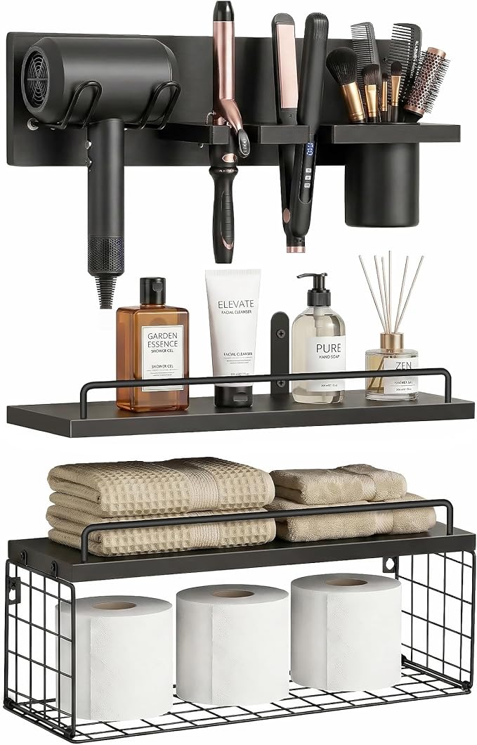 Wall Mounted Bathroom Organizer Shelves Over Toilet, 3-Tier Rustic Wooden Floating Shelf with Metal Basket and Hair Care Styling Tool Holder for Toilet Paper, Towels & Toiletries, Bathroom Decor