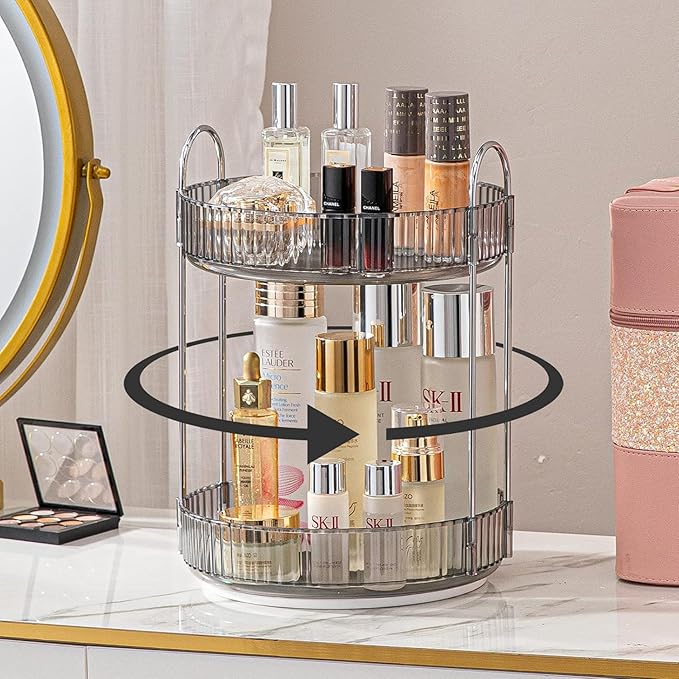 360° Rotating Makeup Organizer, 2 Tier Spinning Cosmetic Organizer for Vanity & Bathroom Countertop, Holds Tall Skincare Bottles, Perfume & Beauty Accessories – Clear Grey