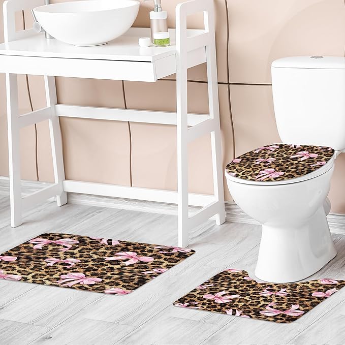 LIGHTINHOME 4 PCS Leopard Print Bow Shower Curtain Set 72Wx72H,Toilet Lid Cover,Non-Slip Rugs and U-Shaped Mat,Girly Pink Cheetah Bathroom Sets with Rugs Shower Accessories 12 Hooks for Bathroom Decor