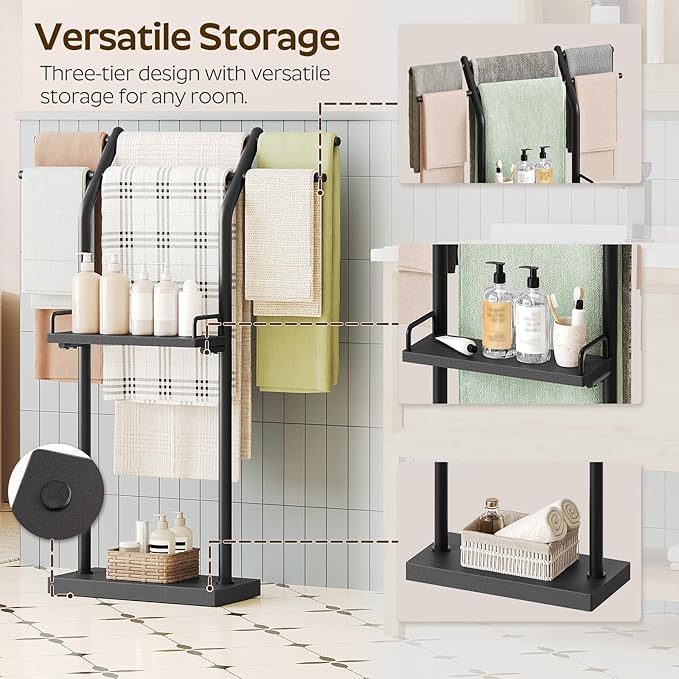 YATINEY Free Standing Towel Rack, Taller Double-T Shape Bath Sheet Holder for Bathroom, Floor Blanket Holder Stand with Weighted Base, 4-Tier Towel Storage Rack, for Living Room, Balcony, Black CJ20BB