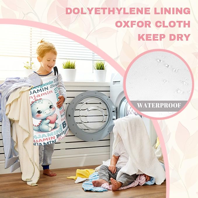 Custom Dinosuar Laundry Baskets, Personalized Dinosaur Gifts with Customized Name, Collapsible Laundry Hamper for Kids Adults Home Decoration,16.5 X 13.8in