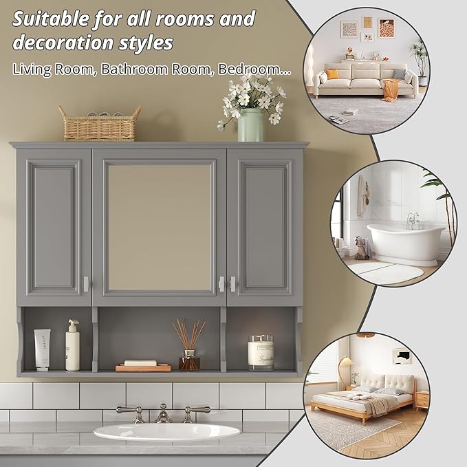 Merax Bathroom Wall Cabinet with Mirror, Wall Mounted Medicine Cabinet with Adjustable Shelves and Open Spaces, 35" x 28" Mirrored Door Over The Toilet Bathroom Storage Cabinet