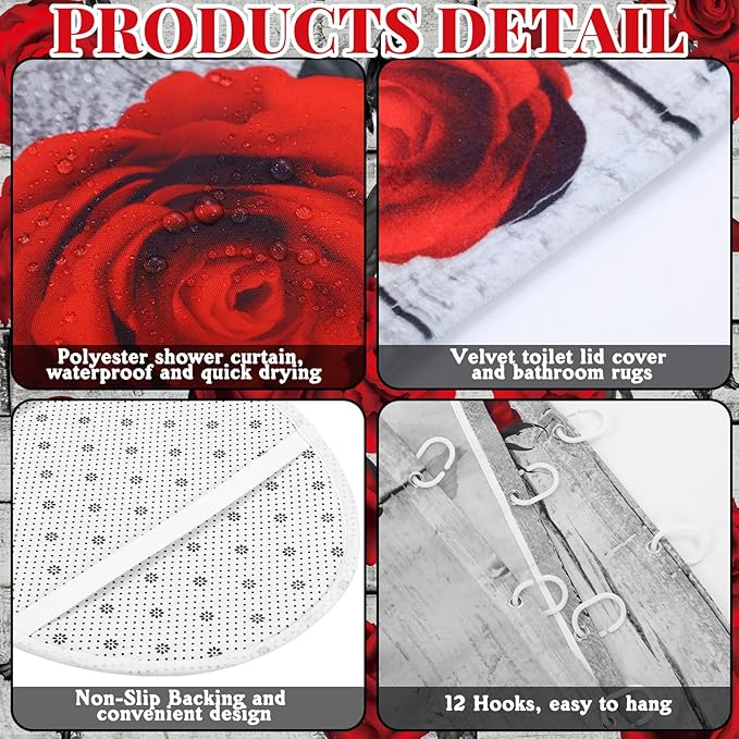 Tatuo 8 Pcs Red Rose Shower Curtain Set Rose Home Romantic Farmhouse Bathroom Decor Accessories Sets Black Red Waterproof Shower Curtain with Towels Carpet Bath Mat Toilet Rugs and 12 Hooks