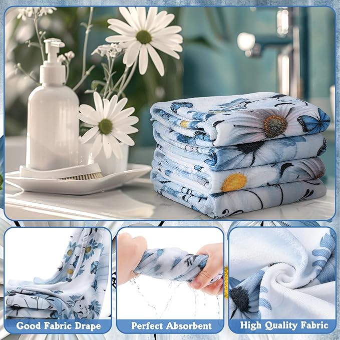 FuWeave 8 Pcs Rustic Farmhouse Shower Curtain Sets for Bathroom Daisy Floral and Butterfly Shower Curtain Sets with Rugs, Flowers Towels, Non-Slip Rug, Toilet Lid Cover, Bath Mat and 12 Hooks (Blue)