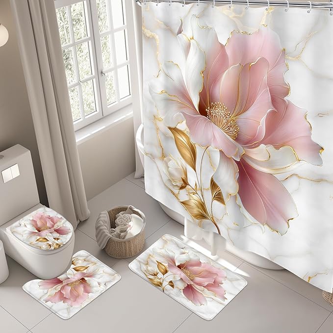 Riyidecor Marble Floral Pink Gold 4Pcs Bathroom Shower Curtain Sets Modern Flower Abstract Bathroom Decor Set with Rugs and Accessories Minimalist Toilet Lid Rug, Contour and Bath Mat with 12 Hooks