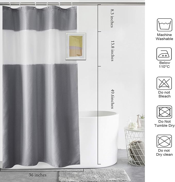 UFRIDAY Gray Waffle Weave Fabric Shower Curtain with Mesh Window, Stall Size Shower Curtain 36 X 72 inch,Heavy Duty Decorative Bathroom Curtain, Spa-Like Hotel Luxury, Water-Repellent,Gray