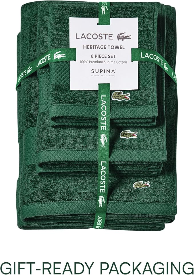 Lacoste Heritage Anti-Microbial Supima Cotton 6-Piece Towel Set, 2 Bath Towels, 2 Hand Towels, 2 Washcloths, Eden – Highly Absorbent & Quick Drying, Bathroom Essential, Machine Washable