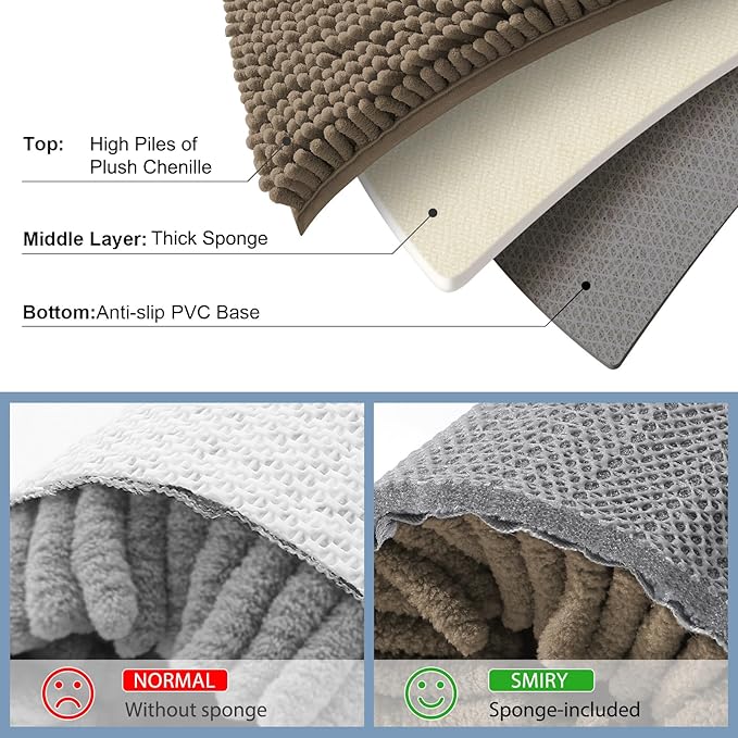 Smiry Luxury Chenille Bathroom Rugs 44x32, Extra Soft and Absorbent Shaggy Bath Mat, Machine Washable, Non-Slip Plush Carpet Runner for Tub, Shower, and Floor, Home Decor Accessories, Camel