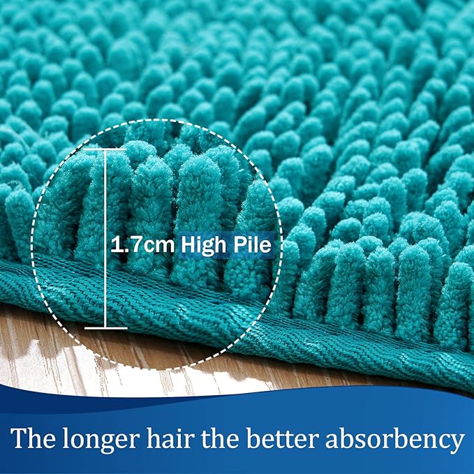 LOCHAS Luxury Bathroom Rug Shaggy Bath Mat 24 x 17 Inch, Washable Non Slip Bath Rugs for Bathroom Shower, Soft Plush Chenille Absorbent Carpets Mats, Teal Blue