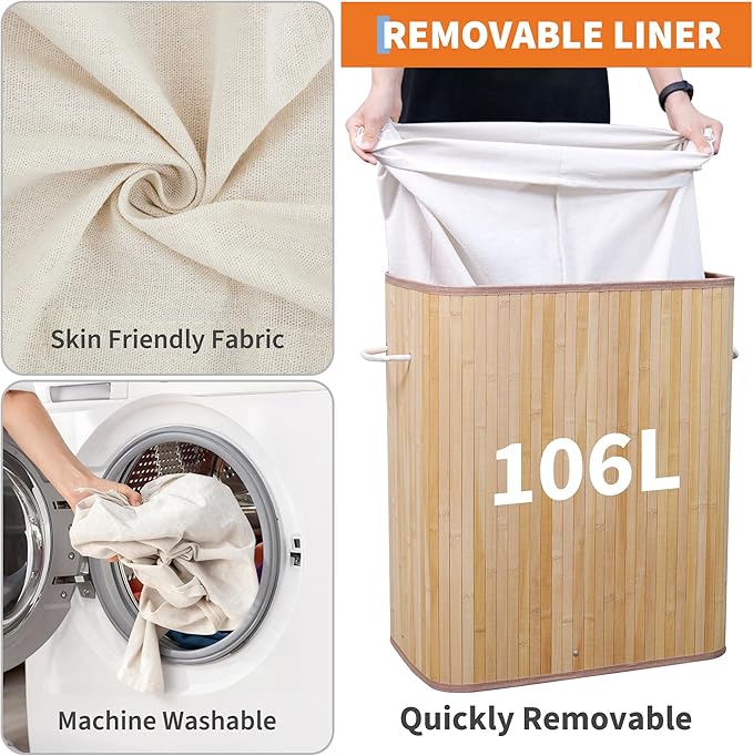 GarveeHome Folding Bamboo Laundry Hamper with Lid, 28 Gal / 106L Wooden Laundry Basket with Washable Liner Bag, Slim Clothes Storage Hamper for Small Bedrooms Apartments Dorms, Natural