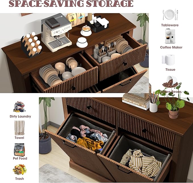 Double Tilt Out Laundry Hamper Cabinet, Modern Fluted Trash Can Cabinets with Drawer, Wooden 22 Gallon Hidden Garbage Cabinet for Kitchen and Bathroom (Brown, Full)