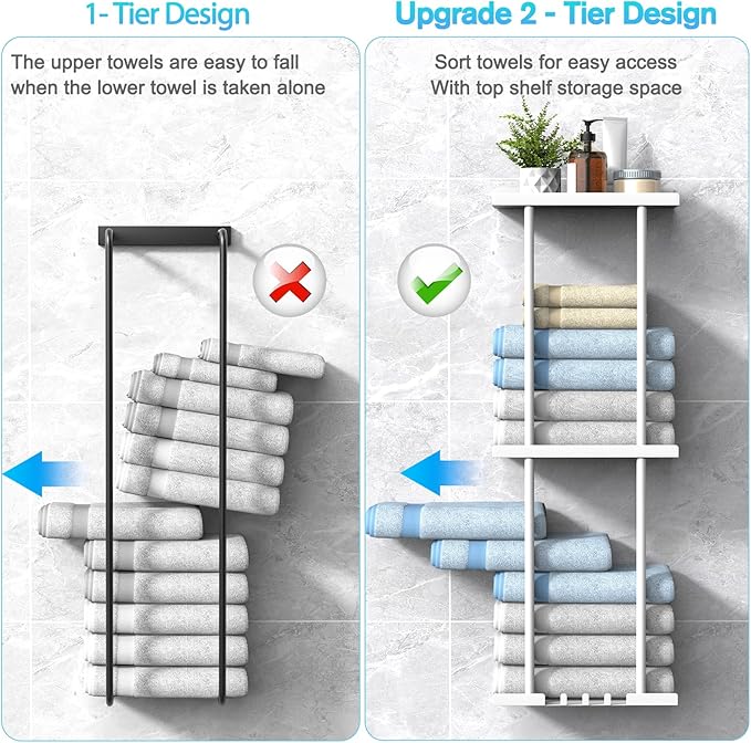 Liuoud Towel Rack for Bathroom, Wall Mounted Vertical Rolled Towel Storage Organizer Holder with Shelf, Holds Up 6 Large Bath Sheets, White Large Size