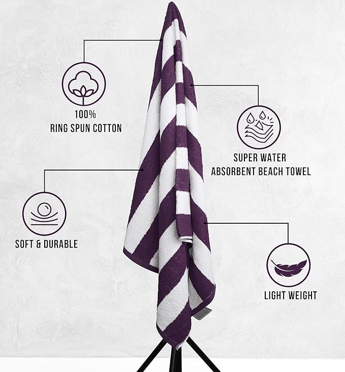 Utopia Towels [4 Pack Cabana Stripe Beach Towel, (30 x 60 Inches) Oversized 100% Ring Spun Cotton Pool Towels, Highly Absorbent Quick Dry Bath Towels for Bathroom, and Swim Towel (Plum)