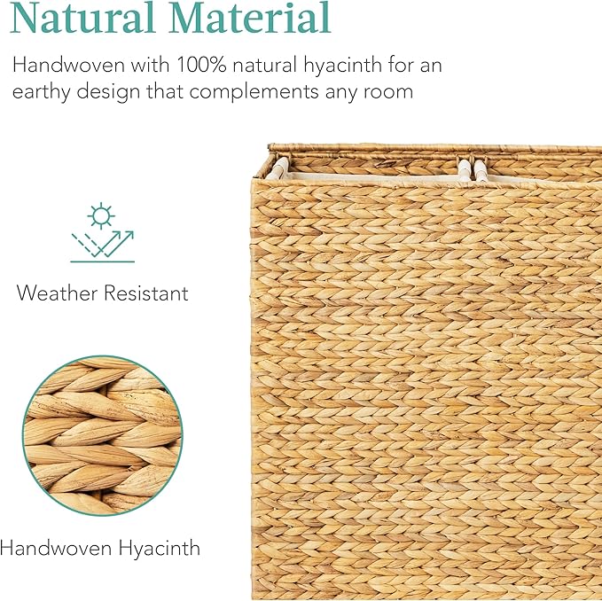 Best Choice Products Large Double Laundry Hamper with Lid, Natural Handwoven Water Hyacinth, 2 Sections w/ 2 Machine Washable Linen Liner Bags, Portable, Handles - Natural