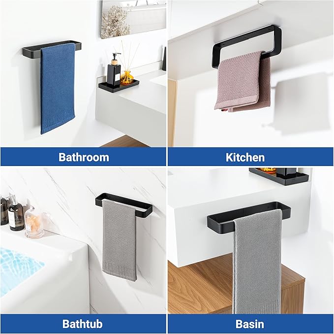 SAYAYO Matte Black Hand Towel Holder for Bathroom Wall, 10 Inch Self Adhesive Towel Bar Hand Towel Rack Square Heavy Duty