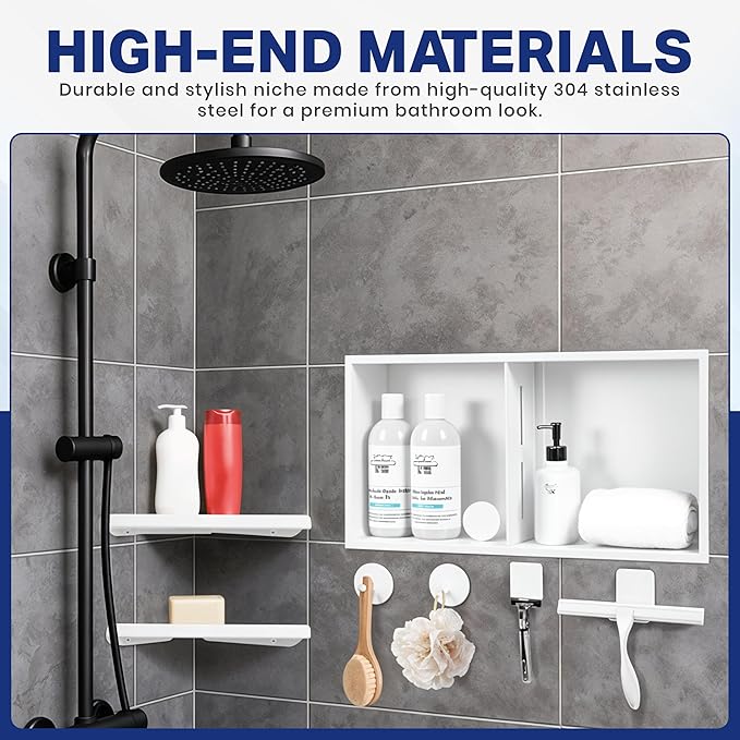 Stainless Steel Shower Niche No Tile Needed 24"x12" Inner Size (25.19"x13.19" Outside Size) Matte White - Niche for Shower Wall - Bathroom Niches - Includes Corner Shelves Razor Holders and Wall Hooks