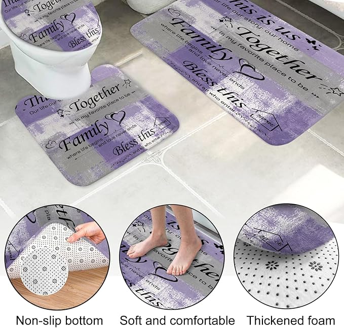 Lnond 4Pcs Bathroom Shower Curtain Sets with Rugs, Purple Grey Motivational Home Family Bathroom Sets with Shower Curtain and Rugs and Accessories