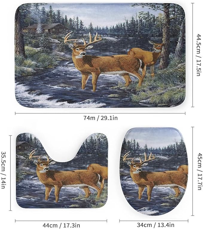 Oil Painting Cabin Wildlife 4 Piece Shower Curtain Sets, Non-Slip Rugs, Toilet Lid Cover and Bath Mat, Durable and Waterproof, for Bathroom Decor Set One Size