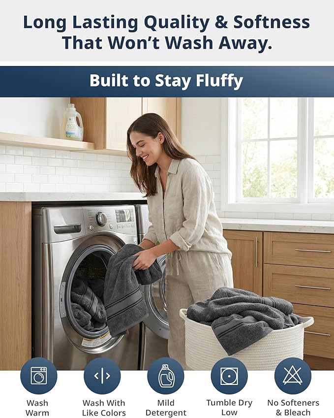 LANE LINEN Large Bath Towels - Zero Twist Cotton Construction - Set of 4 (35" x 66") Oversized Bath Towel Sets - Fade Resistant, Quick Dry & Fluffy - Instantly upgrade your bathroom decor - Space Grey