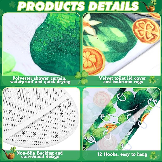 FuWeave 8 Pcs St. Patrick's Day Shower Curtain Sets for Bathroom Decor Shamrock Bathroom Accessories Irish Lucky Clover Green Shower Curtain Sets with Towels Carpet Bath Mat Toilet Rugs and 12 Hooks