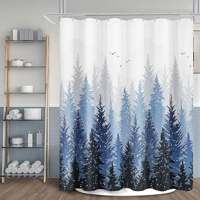 Hokibero Long Shower Curtains 78 Inches Blue and White Shower Curtain Water Repellent Waffle Hotel Quailty Curtains for Bathroom Mountain Tree Woodland, 72x78, Blue