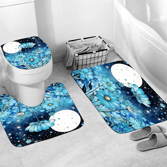 AZHM Blue Moonlit Floral Shower Curtain Set 4 PCS Starry Night Botanical Bathroom Decor Set with Non-Slip Rugs, Toilet Lid Cover and Bath Mat