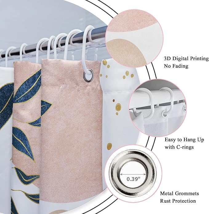 Riyidecor Boho Pink Navy Blue 4Pcs Shower Curtain Set with Toilet Lid Cover and Non-Slip Rugs, Mid Century Modern Minimalist Bathroom Decor Set，Abstract Contour and Bath Mat with 12 Hooks