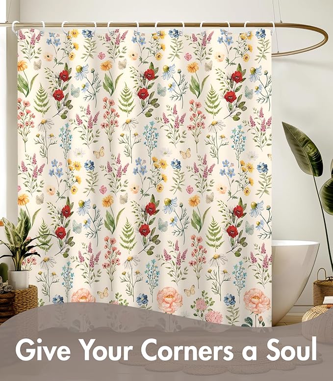 MAMUSE Shower Curtain for Bathroom - Cute Aesthetic Decorative Modern Girly Unique Girls Design Pretty Women Waterproof Fabric Cloth Cortinas de Baño Bathtub 72 x 72 Inch, Plant Flower