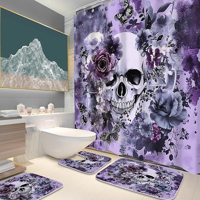 Funny Gothic Halloween Unique Bathroom Sets with Floral Skull Shower Curtain and 20 x 31 Rugs Bathroom Accessories Sets Decor with Bath Rug, Bath Mat, U-Shaped Contour and Hooks 72 x 72 Inch Purple